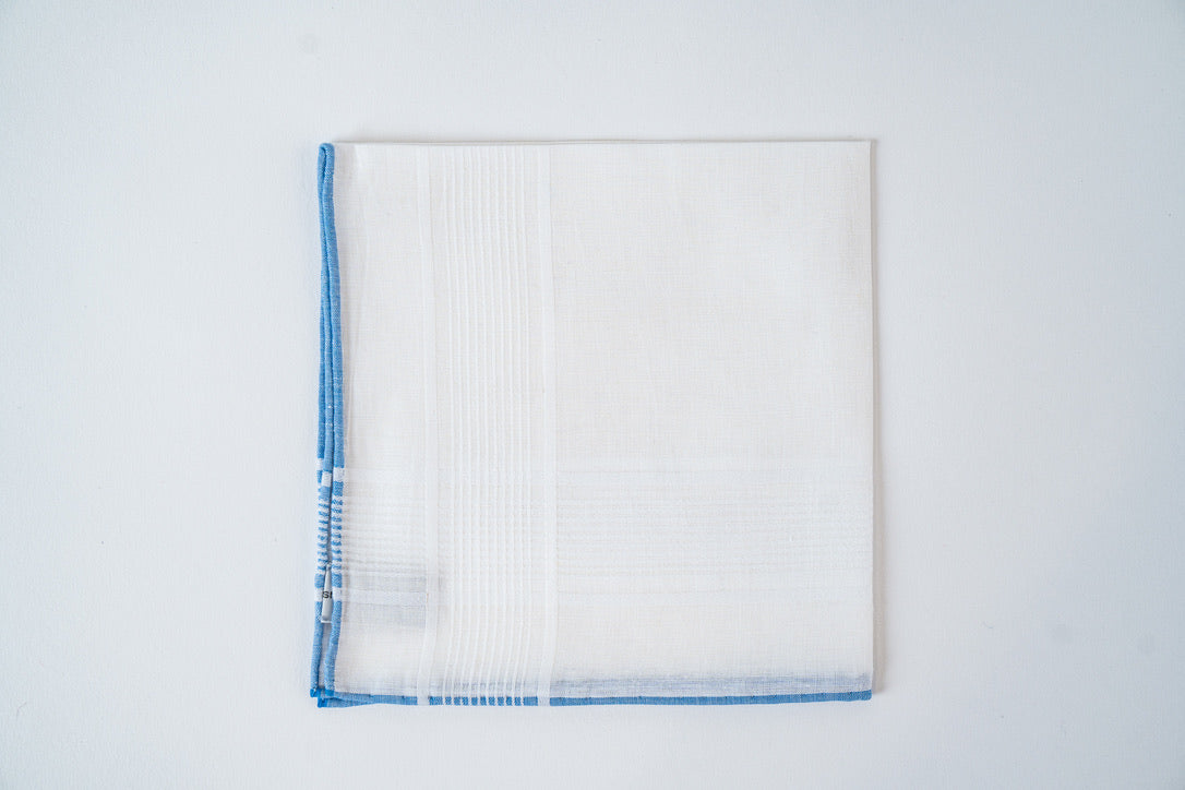 French Finest Cotton Pocket Square, Blue Border/White