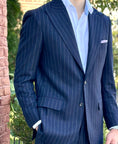 Load image into Gallery viewer, Harrods Peak-Lapel Flap Pocket Suit in Navy Chalk-Stripe Flannel
