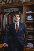 Load image into Gallery viewer, Harrods Peak-Lapel Flap Pocket Suit in Navy Chalk-Stripe Flannel
