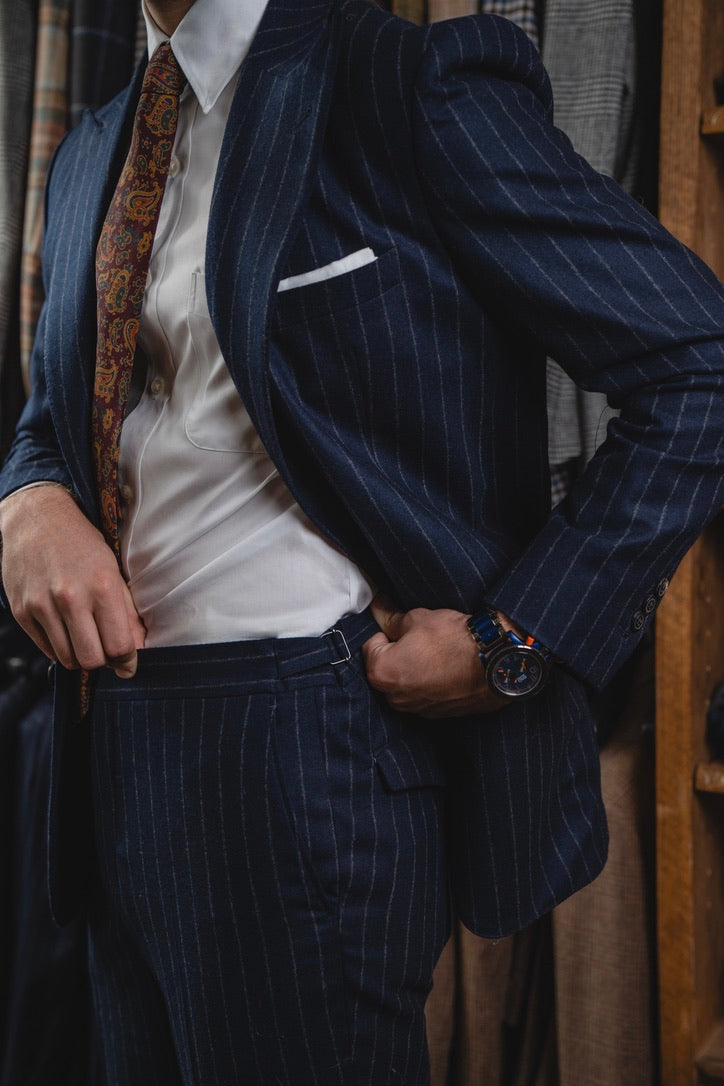 Harrods Peak-Lapel Flap Pocket Suit in Navy Chalk-Stripe Flannel