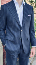 Load image into Gallery viewer, Harrods Peak-Lapel Flap Pocket Suit in Navy Chalk-Stripe Flannel
