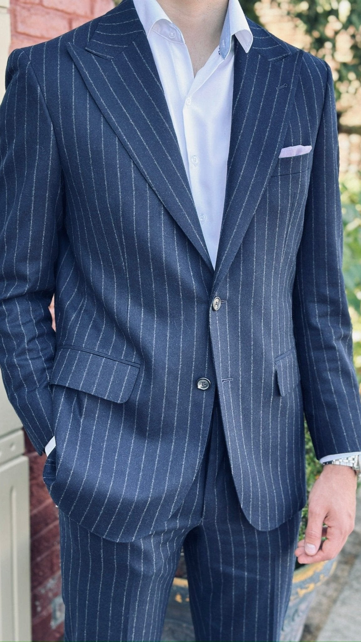 Harrods Peak-Lapel Flap Pocket Suit in Navy Chalk-Stripe Flannel