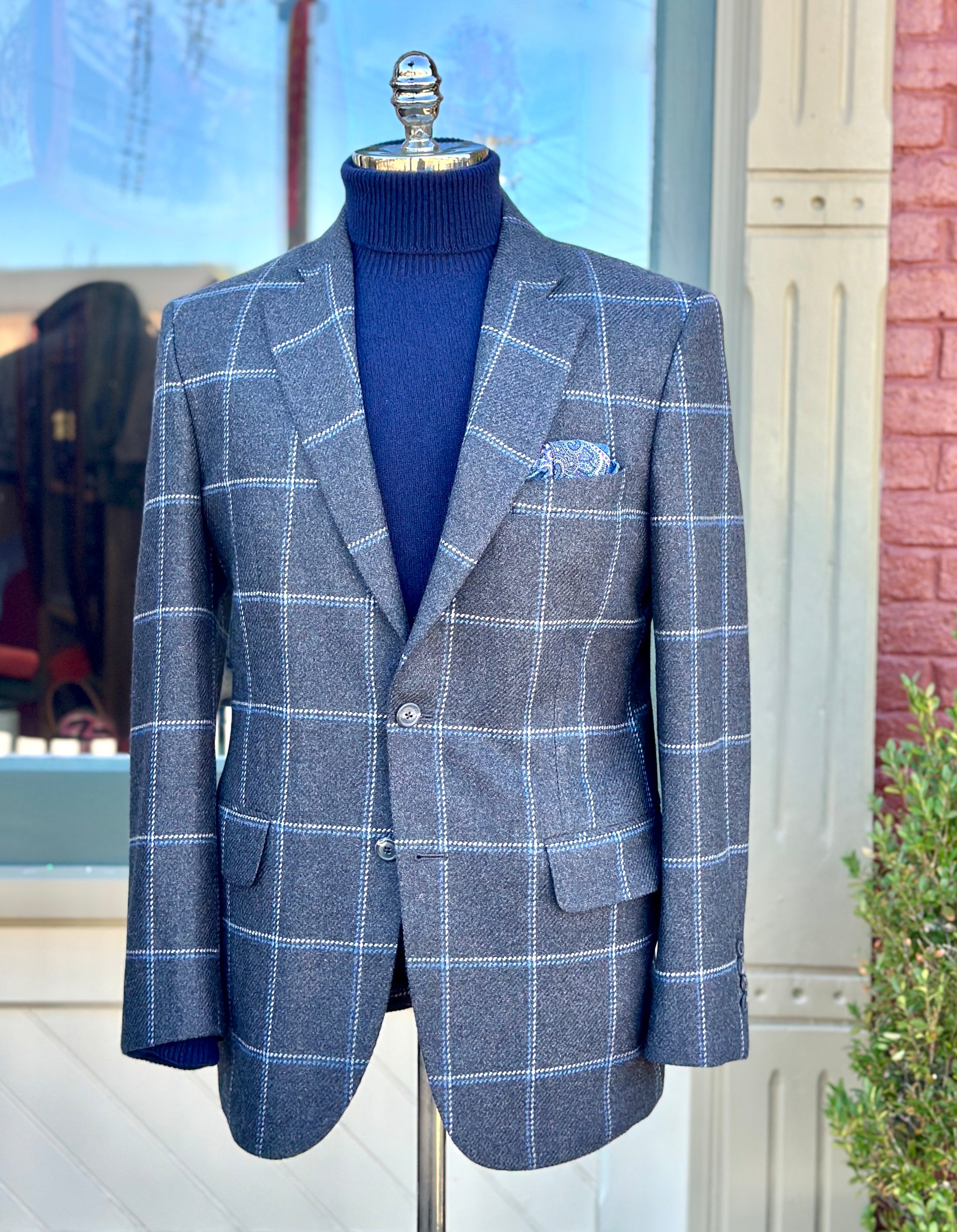 Harrods Flap Pocket Sportcoat in Charcoal Lambswool Windowpane