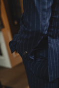 Load image into Gallery viewer, Harrods Peak-Lapel Flap Pocket Suit in Navy Chalk-Stripe Flannel
