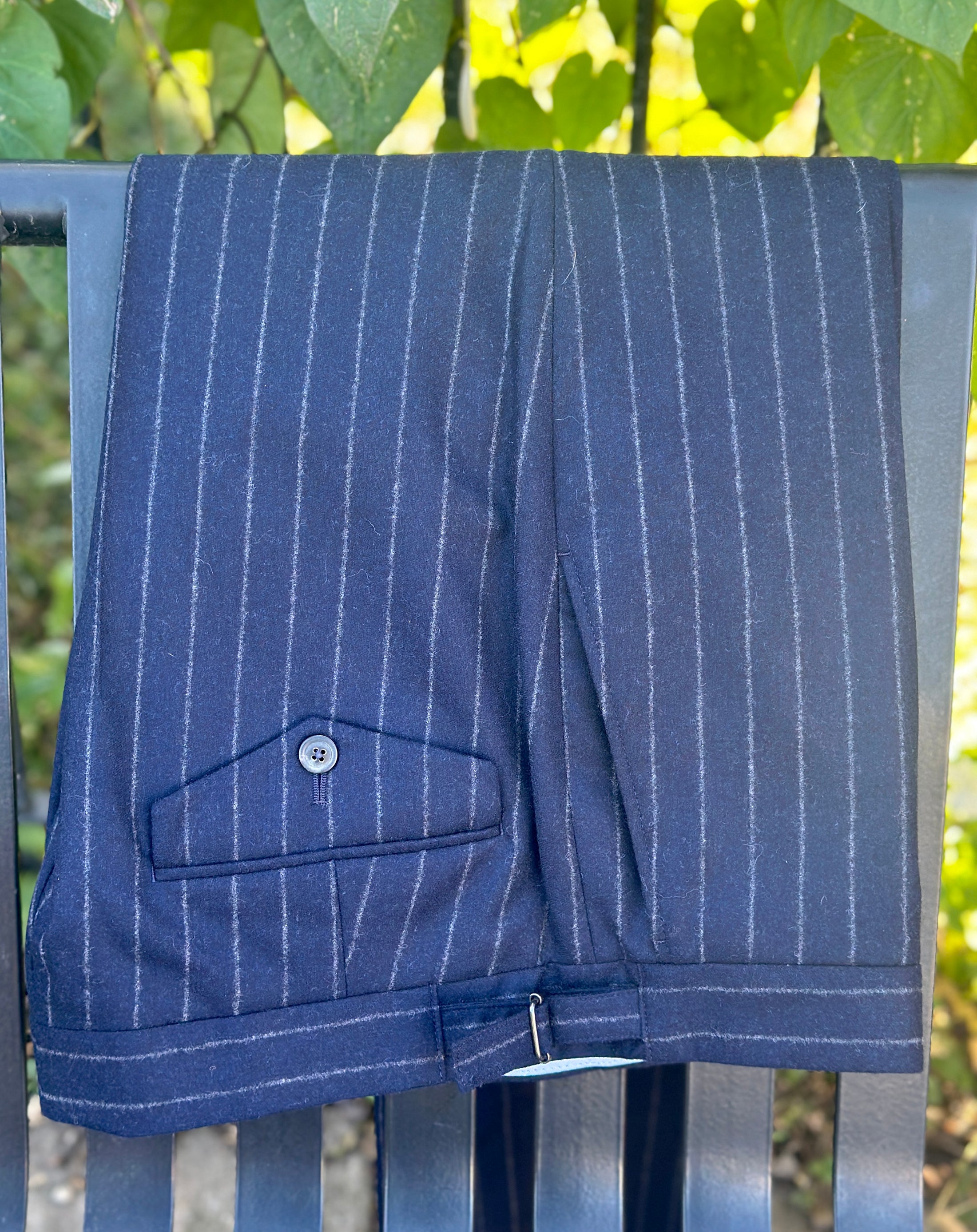 Harrods Peak-Lapel Flap Pocket Suit in Navy Chalk-Stripe Flannel