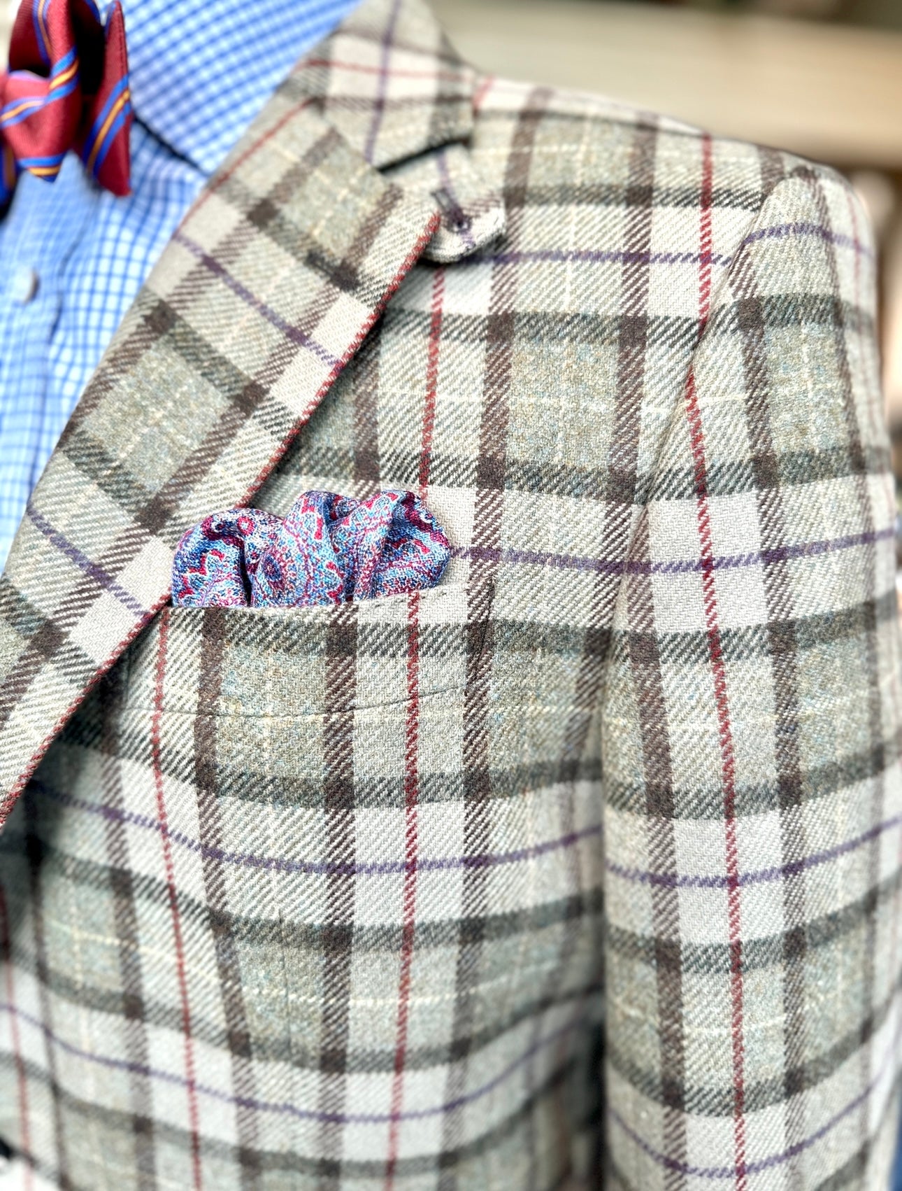 Stuart Sportcoat in Olive & Cream Windowpane with Red/Purple Overplaid