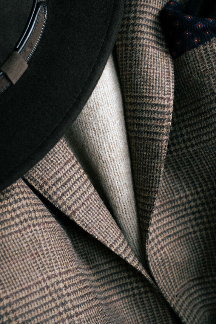 Harrods Flap Pocket Jacket in Sand/Brown Merino Glen Plaid