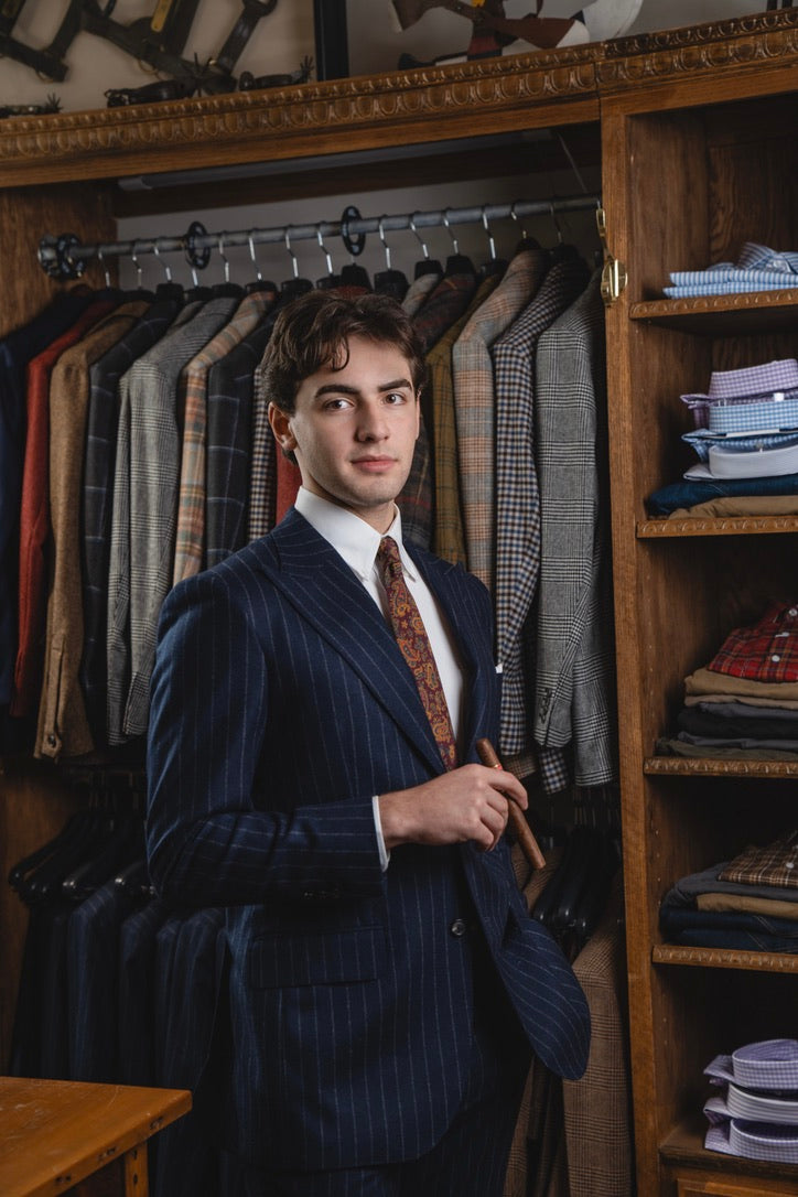 Harrods Peak-Lapel Flap Pocket Suit in Navy Chalk-Stripe Flannel