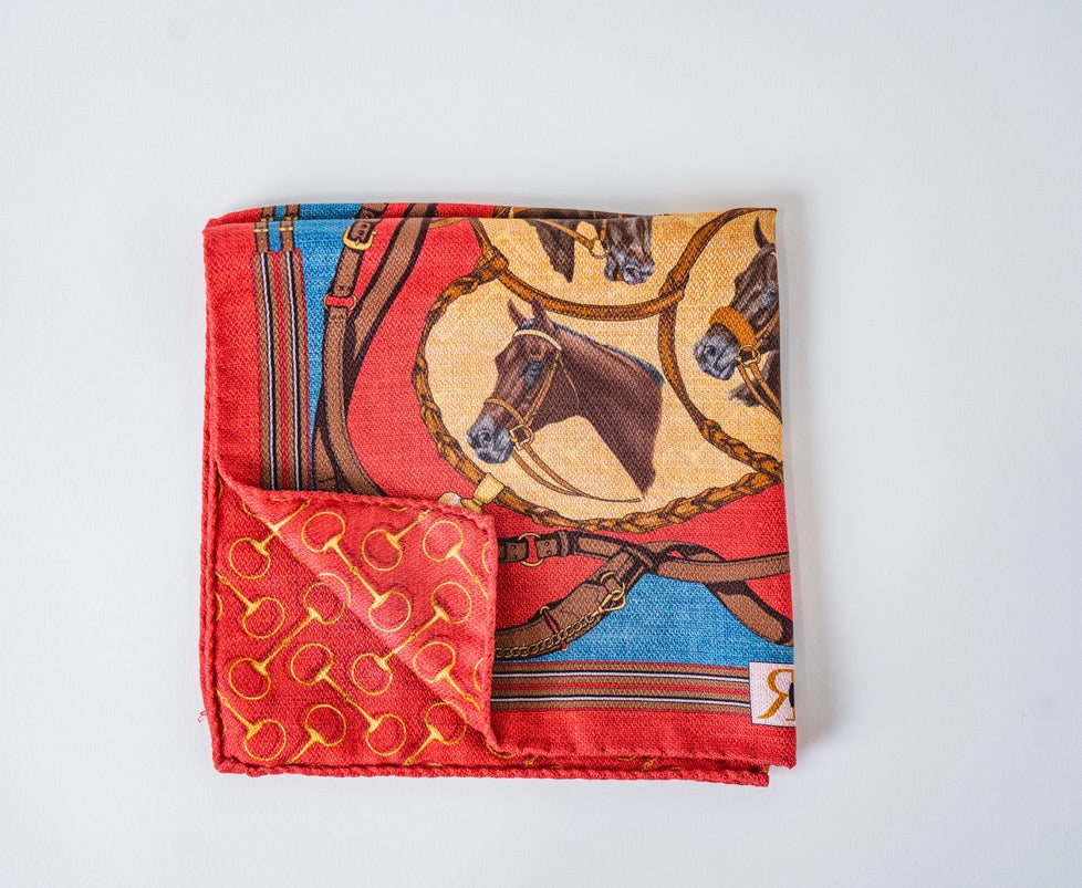 Silk Equestrian Pocket Square in Red Bridle