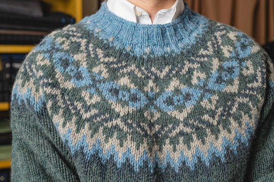 Scottish Fair Isle Crewneck in Blue, Cream & Loden