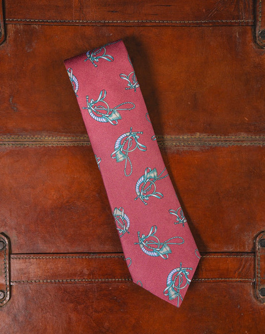 Crittenden Equestrian Silk Tie in Wine Horn & Crop Hunting Motif