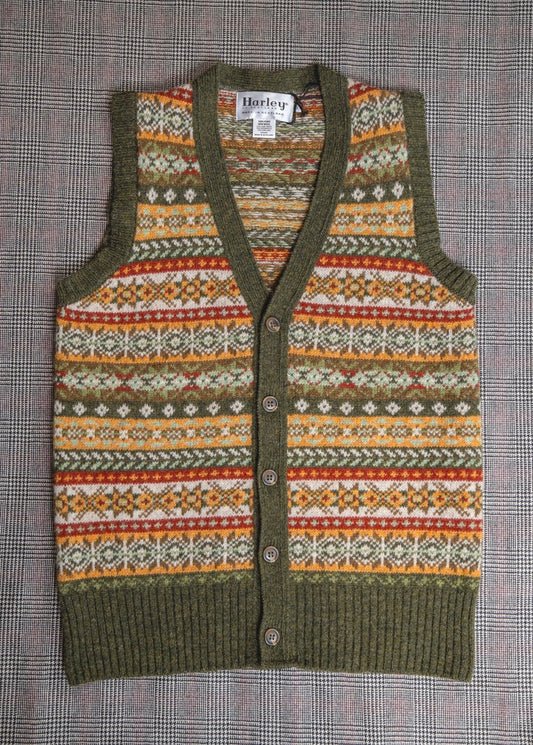 Shetland Fair Isle Cardigan Sweater Vest in Pine