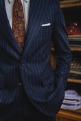 Load image into Gallery viewer, Harrods Peak-Lapel Flap Pocket Suit in Navy Chalk-Stripe Flannel
