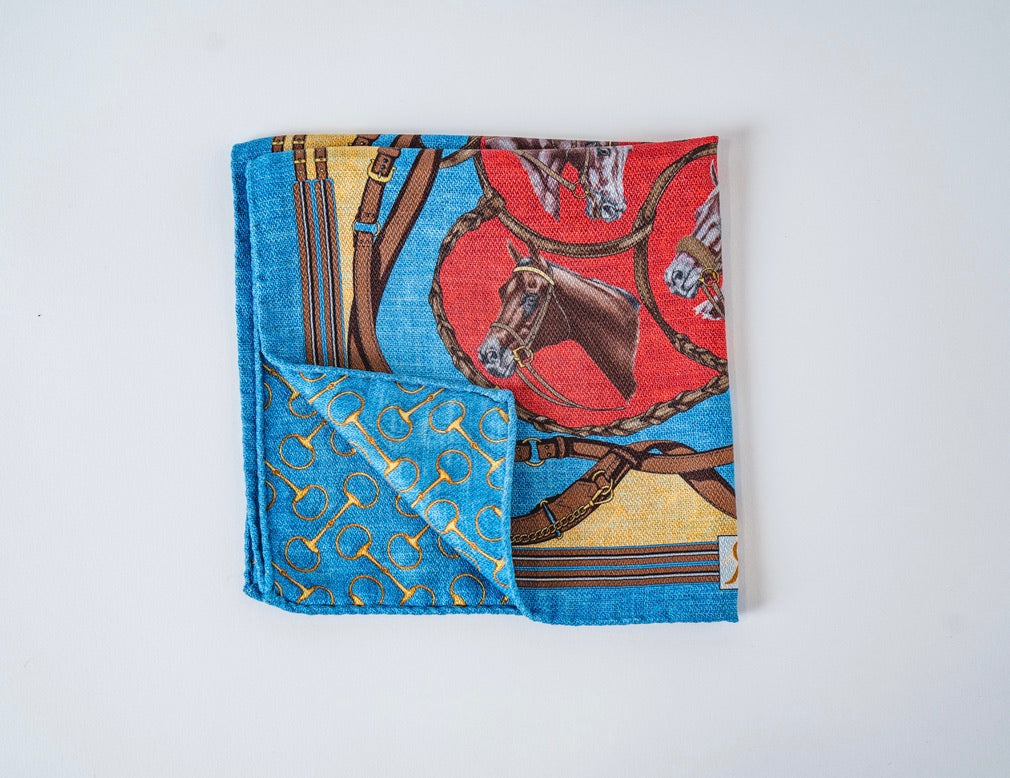 Blue Silk Equestrian Pocket Square