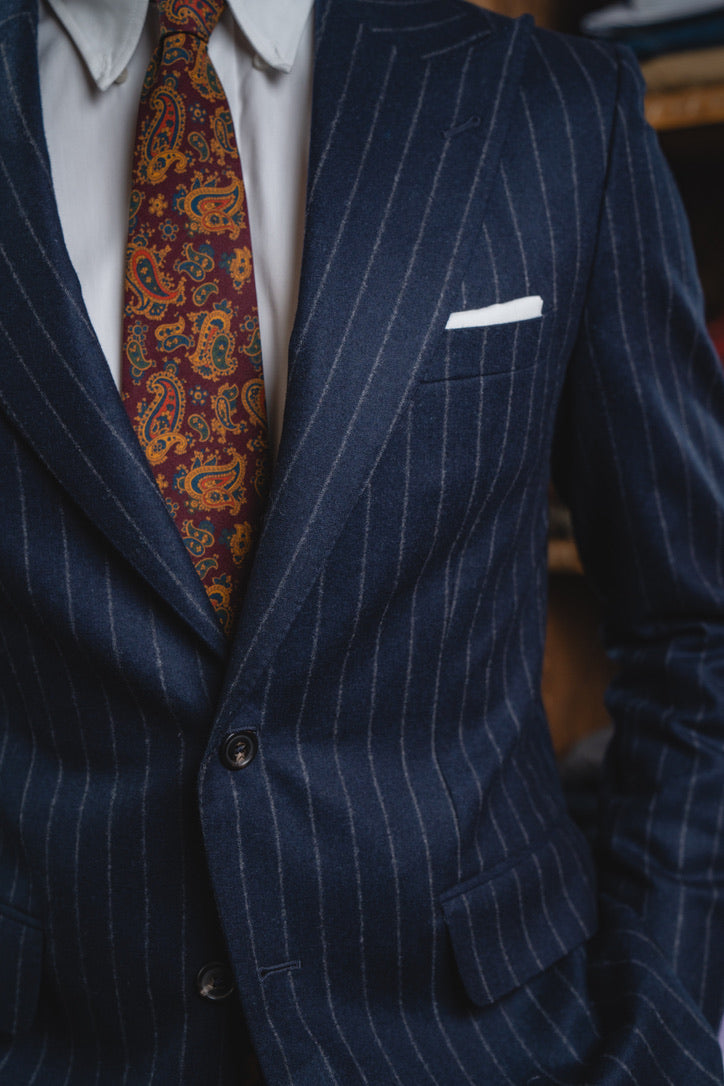 Harrods Peak-Lapel Flap Pocket Suit in Navy Chalk-Stripe Flannel