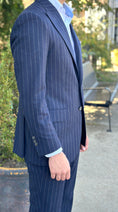 Load image into Gallery viewer, Harrods Peak-Lapel Flap Pocket Suit in Navy Chalk-Stripe Flannel
