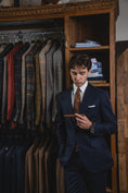 Load image into Gallery viewer, Harrods Peak-Lapel Flap Pocket Suit in Navy Chalk-Stripe Flannel
