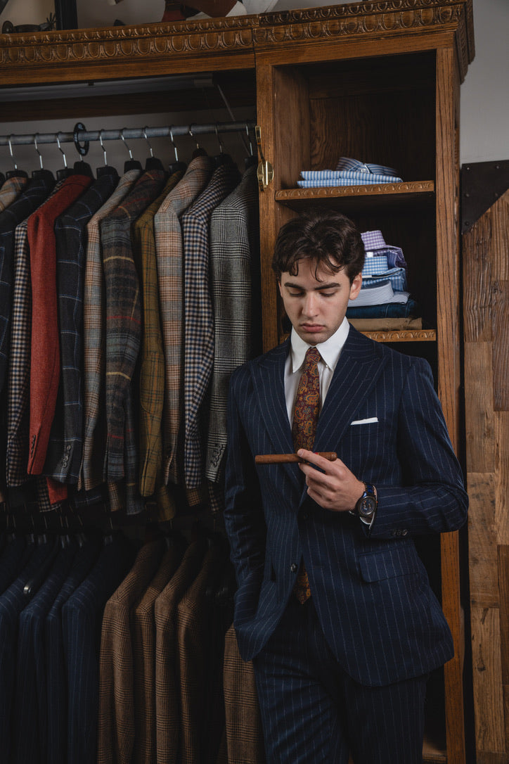 Harrods Peak-Lapel Flap Pocket Suit in Navy Chalk-Stripe Flannel