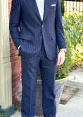 Load image into Gallery viewer, Harrods Peak-Lapel Flap Pocket Suit in Navy Chalk-Stripe Flannel
