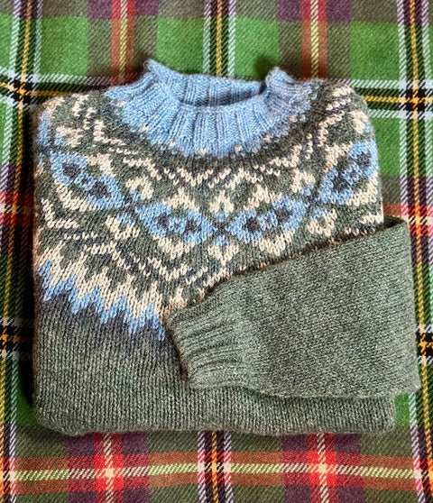 Scottish Fair Isle Crewneck in Blue, Cream & Loden