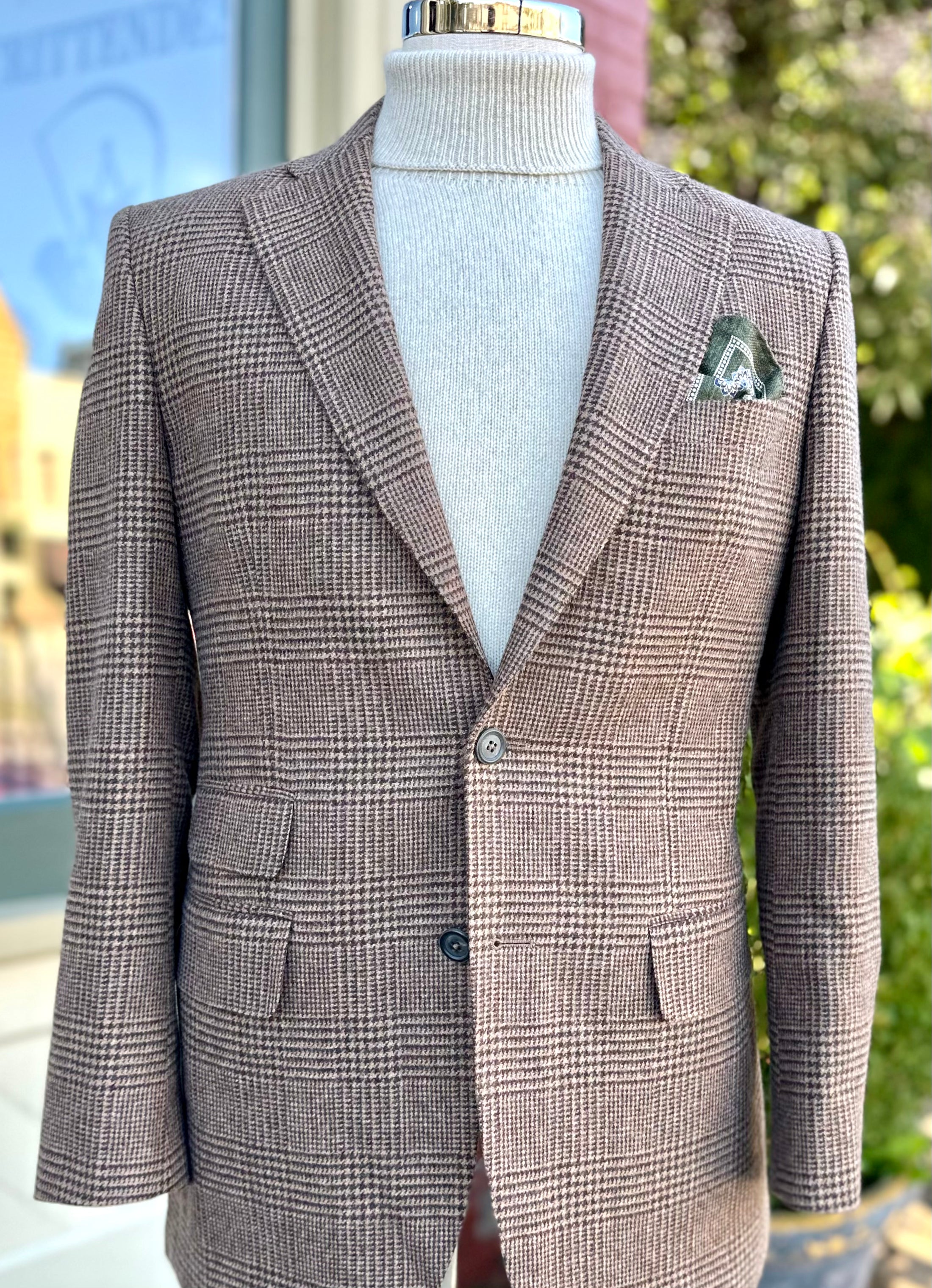 Harrods Flap Pocket Jacket in Sand/Brown Merino Glen Plaid